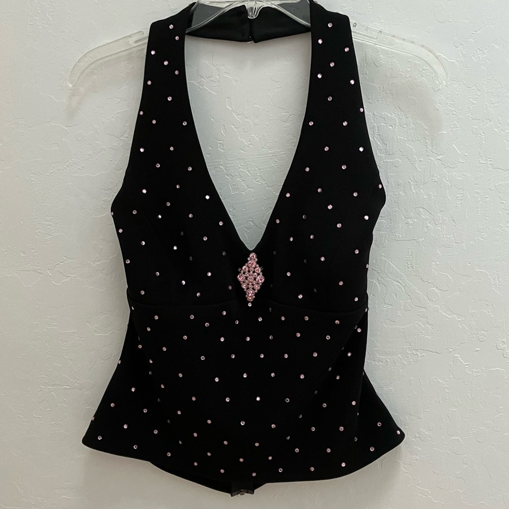 CACHE Black Halter Top with Pink Rhinestone Detail, Size 10, NWT